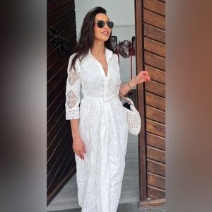 NEW w/TAGS ZARA 100% COTTON EMBROIDERED WHITE MIDI SHIRT DRESS SIZE MEDIUM